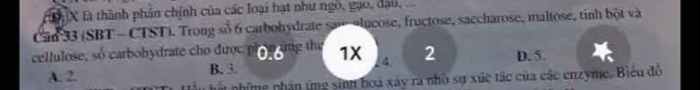 Đà X là thành phần chính của các loại hạt như ngô, gạo, dau, ...
Cần 33 (SBT- CTST). Trong số 6 carbohydrate sam olucose, fructose, saccharose, maltose, tinh bột và
cellulose, số carbobydrate cho được proning thự 1X 4. 2 D. 5.
A. 2. B. 3.
hất nhĩmg phân ứng sinh hoà xây ra nhờ sự xúc tác của các enzyme. Biểu đồ