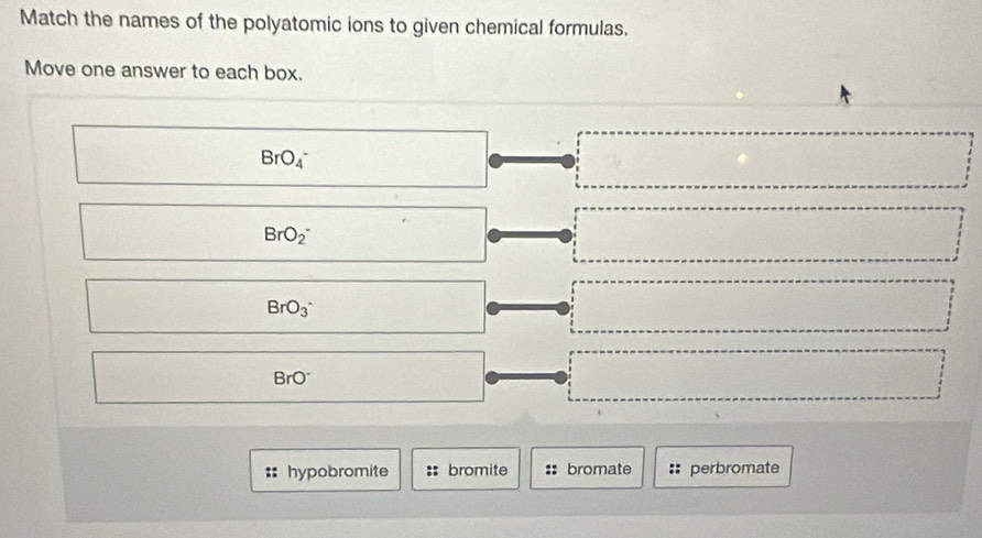 Match the names of the polyatomic ions to given chemical formulas.
Move one answer to each box.
□ 
BrO_4^(- □) □ 
BrO_2^(-
□
BrO_3^- □)
BrO^-
hypobromite bromite bromate perbromate