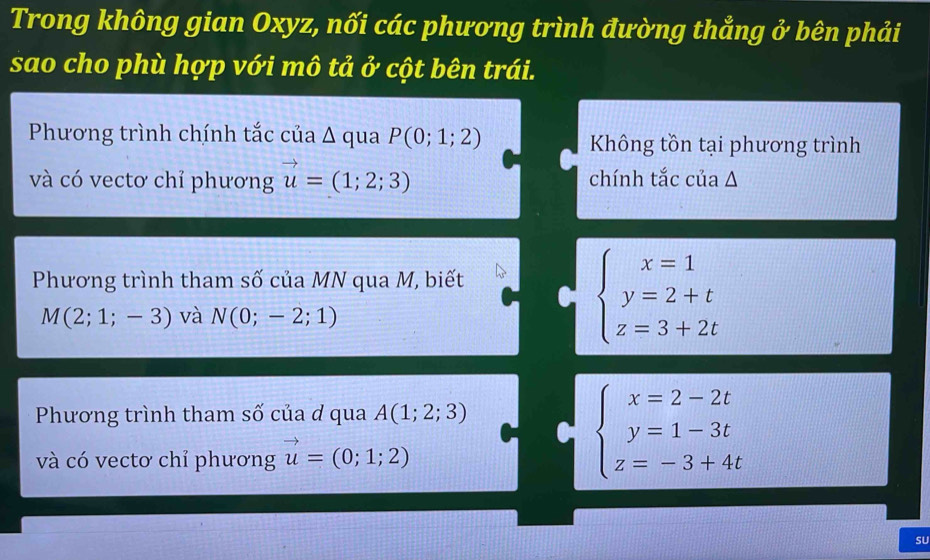 Trong không gian Oxyz, nối các phương trình đường thẳng ở bên phải
sao cho phù hợp với mô tả ở cột bên trái.
Phương trình chính tắc của △ qua P(0;1;2) Không tồn tại phương trình
và có vectơ chỉ phương vector u=(1;2;3) chính tắc của Δ
Phương trình tham số của MN qua M, biết
M(2;1;-3) và N(0;-2;1)
beginarrayl x=1 y=2+t z=3+2tendarray.
Phương trình tham số của d qua A(1;2;3)
và có vectơ chỉ phương vector u=(0;1;2)
beginarrayl x=2-2t y=1-3t z=-3+4tendarray.
sU