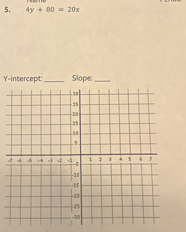 Name 
5. 4y+80=20x
Y-intercept:_ Slope:_