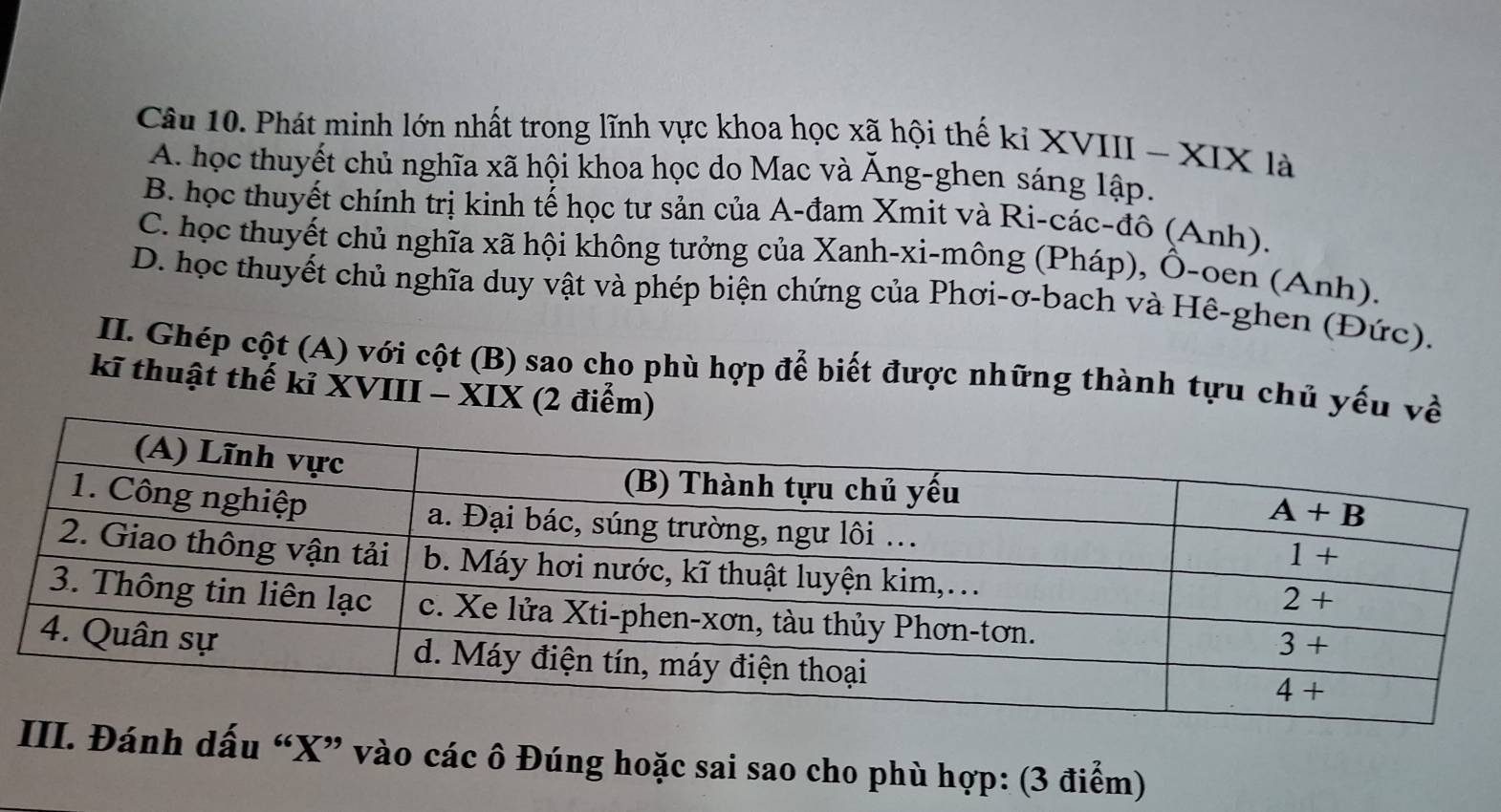 Phát minh lớn nhất trong lĩnh vực khoa học xã hội thế kỉ XVIII - XIX là
A. học thuyết chủ nghĩa xã hội khoa học do Mac và Ăng-ghen sáng lập.
B. học thuyết chính trị kinh tế học tư sản của A-đam Xmit và Ri-các-đô (Anh).
C. học thuyết chủ nghĩa xã hội không tưởng của Xanh-xi-mông (Pháp), Ô-oen (Anh).
D. học thuyết chủ nghĩa duy vật và phép biện chứng của Phơi-ơ-bach và Hê-ghen (Đức).
II. Ghép cột (A) với cột (B) sao cho phù hợp để biết được những thành tựu chủ yếu về
kĩ thuật thế kỉ XVIII - XIX (2 điểm)
. Đánh dấu “X” vào các ô Đúng hoặc sai sao cho phù hợp: (3 điểm)