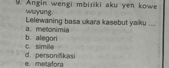 Angin wengi mbisiki aku yen kowe
wuyung.
Lelewaning basa ukara kasebut yaiku ....
a. metonimia
b. alegori
c. simile
d. personifikasi
e. metafora