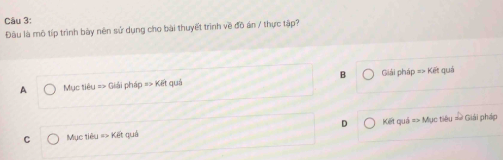 Đâu là mô típ trình bày nên sử dụng cho bài thuyết trình về đồ án / thực tập?
A Mục tiêu => Giải pháp Rightarrow Ke t quá B Giải pháp => Kết quả
D
C Mục tiêu Rightarrow Ket t quá Kết quả => Mục tiêu == Giải pháp