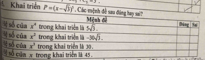 u_5=3.
1
S、 Khai triển P=(x-sqrt(3))^5
