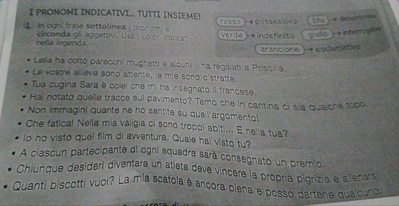 PRONOMI INDICATIVI... TUTTI INSIEME!
In ogni frase sottolinea i pronomi e possessivo blo * dimustrate
rosso
drconda gli aggettivi. Usa i color indicat verde b indefinito giado * interrogafie
nella legenda.
arancione a esclemativo
Lella ha colto parecchi mughetti e alcuni li ha regalati a Priscilia.
Le vostre allieve sono attente, le mie sono distratte.
Tua cugina Sara è colei che mi ha insegnato il francese.
Hai notato quelle tracce sul pavimento? Temo che in cantina ci sia quaiche topo
Non immagini quante ne ho sentite su quell'argomento!
Che fatical Nella mia valigia ci sono troppi abiti... E nelia tua?
lo ho visto quel film di avventura. Quale hal visto tu?
A ciascun partecipante di ogni squadra sarà consegnato un premio.
Chiunque desideri diventare un atleta deve vincere la propria pigrízia e allenars
Quanti biscotti vuoi? La mía scatola è ancora piena e posso dartene qualcuno.