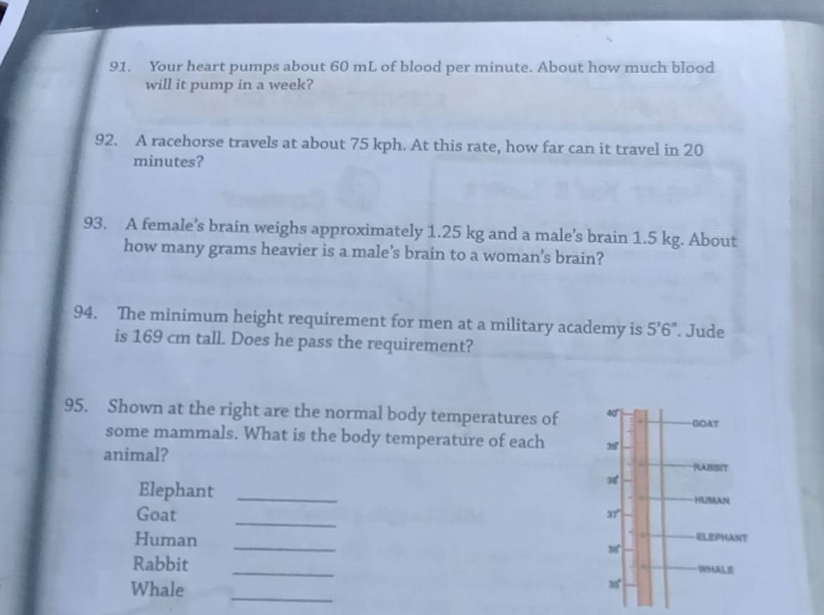 Your heart pumps about 60 mL of blood per minute. About how much blood
will it pump in a week?
92. A racehorse travels at about 75 kph. At this rate, how far can it travel in 20
minutes?
93. A female’s brain weighs approximately 1.25 kg and a male’s brain 1.5 kg. About
how many grams heavier is a male’s brain to a woman’s brain?
94. The minimum height requirement for men at a military academy is 5'6''. Jude
is 169 cm tall. Does he pass the requirement?
95. Shown at the right are the normal body temperatures of 
some mammals. What is the body temperature of each
animal?
Elephant _
_
Goat
_
Human 
_
Rabbit
Whale_