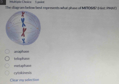 The diagram below best represents what phase of MITOSIS? (Hint: PMAT)
anaphase
telophase
metaphase
cytokinesis
Clear my selection