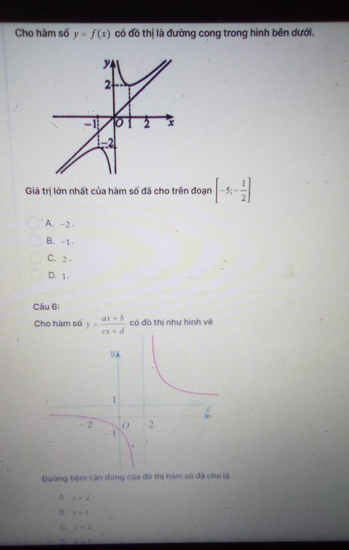 Cho hàm số y=f(x) có đồ thị là đường cong trong hình bên dưới.
Giá trị lớn nhất của hàm số đã cho trên đoạn [-5;- 1/2 ]
A. -2.
B. -1.
C. 2.
D. 1.
Câu 6:
Cho hàm số y= (ax+b)/cx+d  có đô thị như hình vē
Đường tiệm cận đứng của đô thị hàm số đã cho là
A. x=2
B x=1.
C y=2
D x=1