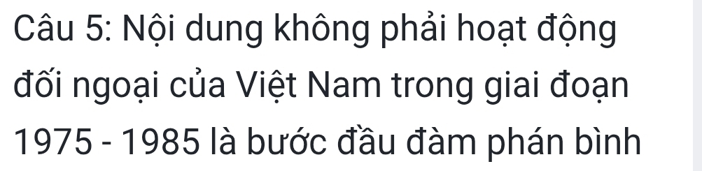 Nội dung không phải hoạt động 
đối ngoại của Việt Nam trong giai đoạn 
1975 - 1985 là bước đầu đàm phán bình