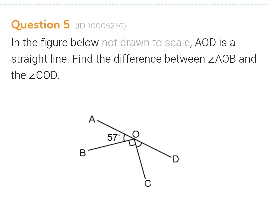 (ID 10005230)
In the figure below not drawn to scale, AOD is a
straight line. Find the difference between ∠ AOB and
the ∠ COD.