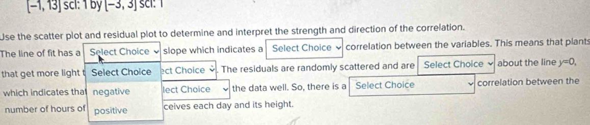 [-1,13]scl:1by[-3,3]scl : 1
Use the scatter plot and residual plot to determine and interpret the strength and direction of the correlation. 
The line of fit has a Select Choice slope which indicates a Select Choice correlation between the variables. This means that plants 
that get more light t Select Choice ect Choice . The residuals are randomly scattered and are Select Choice about the line y=0, 
which indicates tha negative lect Choice the data well. So, there is a Select Choice correlation between the 
number of hours of positive ceives each day and its height.