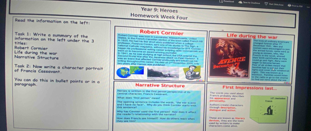 Save to OneDrive Start Slideshone E Print to POF
Year 9: Heroes
Homework Week Four
Read the information on the left:
Robert Cormier Life during the war
Task 1: Write a summary of the Robert Cormier was born in Leominster, Massachusetts, United changed forever after ?'' The lives of ordinary Americans
States, in the French-Canadian section of the town called French Hi December 1941. Men and
in 1925. He had his first short story published when a college
information on the left under the 3 professor, Florence Conion, sent one of his stories to The Sign, a  women were encouraged to jow
titles: began his professional writing career scripting radio commercials and
national Catholic magazine, without his knowledge for $75. Cormie young as sixteen, who, like the armed forces, some were as
Robert Cormier In 1941, as he was studying at high school, the USA entered the Francis in the novel, altered
went on to become an award-winning journalist their birth certificates so they
Life during the war Second World War after the Japanese attack on Pearl Harbour. It could go and fight. Many were
Narrative Structure was an event that affected Cormier profoundly and influenced his Fear of air strikes meant that
writing throughout his career. He died on 2ª November 2000, only eager to become heroes.
two years after Heroes was published. families had to put out their 
Dece
Task 2: Now write a character portrait  HiMe and cover Cii windto 
of Francis Cassavant. to the radio or go to the cinema
blackout. Families would listen
to find out news about the war.
You can do this in bullet points or in a
paragraph. Narrative Structure First Impressions last...
Heroes is written in the first person perspective of its The words you used about Francis probably describes 12º Seatember
central character, Francis Cassavant. his appearance and
What does 'first person' mean?
The opening sentence includes the words, 'the war is over personality.
Econcis
this sentence? and I have no face'. Why do you think Cormier starts with through description. Authors create characters
Why has Cormier used the first person? How does it affec dialogue and action
the reader's relationship with the narrator? These are known as literary
they see him? How does Francis see himself? How do others react when devices, they are the tools
characters come alive. used by writers to make