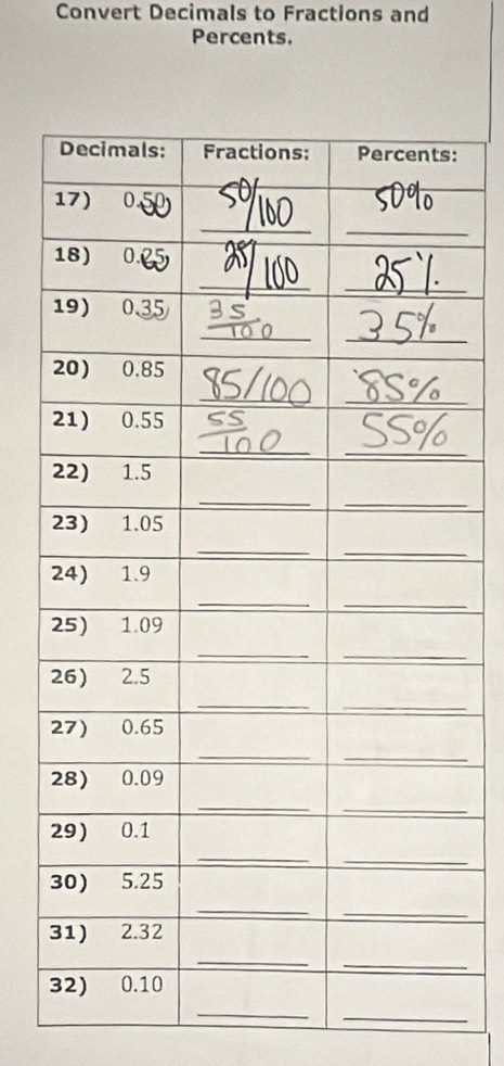 Convert Decimals to Fractions and 
Percents. 
: 
_