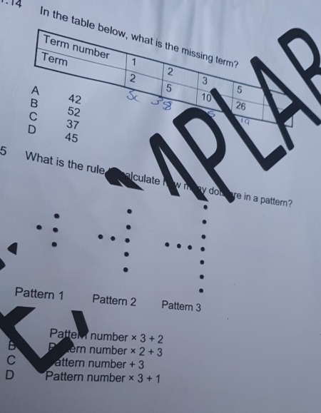 In the table below, what is the missing term"
Term number
Term 1
2
2
A
B 42 5 3
C 52 10 5
D 37 26
45
D 19
5 What is the rule alculate wi y dot re in a pattern?
Pattern 1 Pattern 2 Pattern 3
PatteM number * 3+2
B B ern number * 2+3
C attern number + 3
D Pattern number * 3+1