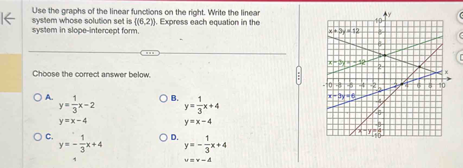 Use the graphs of the linear functions on the right. Write the linear
system whose solution set is  (6,2). Express each equation in the
system in slope-intercept form. 
Choose the correct answer below.
A. y= 1/3 x-2
B. y= 1/3 x+4
y=x-4
y=x-4
C. y=- 1/3 x+4
D. y=- 1/3 x+4
1
v=v-△