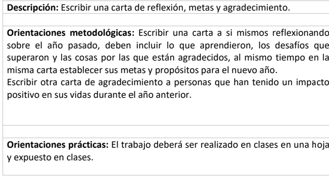 Descripción: Escribir una carta de reflexión, metas y agradecimiento. 
Orientaciones metodológicas: Escribir una carta a si mismos reflexionando 
sobre el año pasado, deben incluir lo que aprendieron, los desafíos que 
superaron y las cosas por las que están agradecidos, al mismo tiempo en la 
misma carta establecer sus metas y propósitos para el nuevo año. 
Escribir otra carta de agradecimiento a personas que han tenido un impacto 
positivo en sus vidas durante el año anterior. 
Orientaciones prácticas: El trabajo deberá ser realizado en clases en una hoja 
y expuesto en clases.