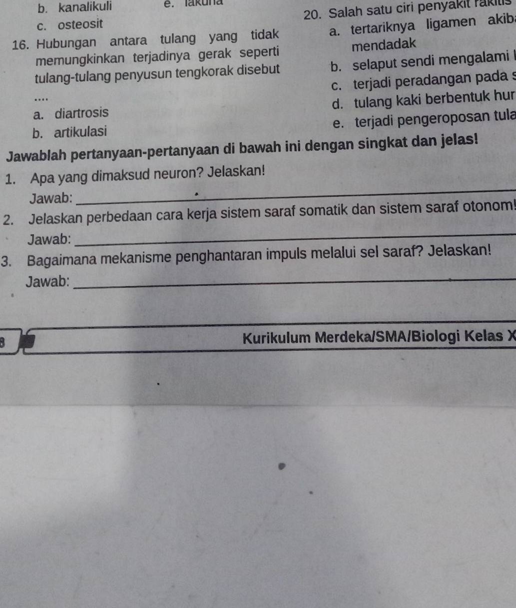 b. kanalikuli e. lakuna
c. osteosit 20. Salah satu ciri penyakit rakiti
16. Hubungan antara tulang yang tidak a. tertariknya ligamen akib.
memungkinkan terjadinya gerak seperti mendadak
tulang-tulang penyusun tengkorak disebut b. selaput sendi mengalami
c. terjadi peradangan pada s
d. tulang kaki berbentuk hur
a. diartrosis
e. terjadi pengeroposan tula
b. artikulasi
Jawablah pertanyaan-pertanyaan di bawah ini dengan singkat dan jelas!
1. Apa yang dimaksud neuron? Jelaskan!
Jawab:
_
2. Jelaskan perbedaan cara kerja sistem saraf somatik dan sistem saraf otonom!
Jawab:
_
3. Bagaimana mekanisme penghantaran impuls melalui sel saraf? Jelaskan!
Jawab:_
B
Kurikulum Merdeka/SMA/Biologi Kelas X