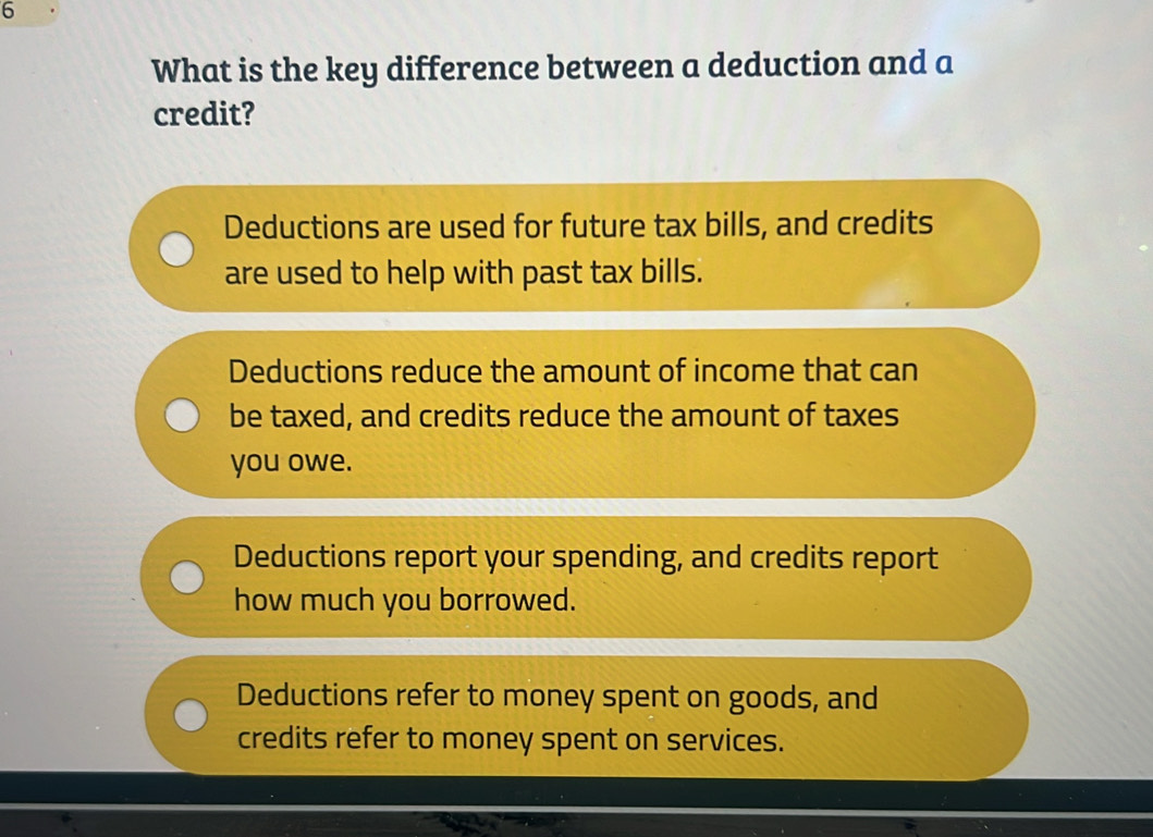 Solved: What is the key difference between a deduction and a credit ...