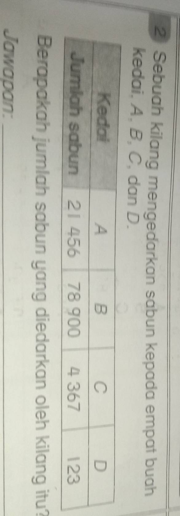 Sebuah kilang mengedarkan sabun kepada empat buah 
kedai, A, B, C, dan D. 
Berapakah jumlah sabun yang diedarkan oleh kilang itu? 
Jawapan:_