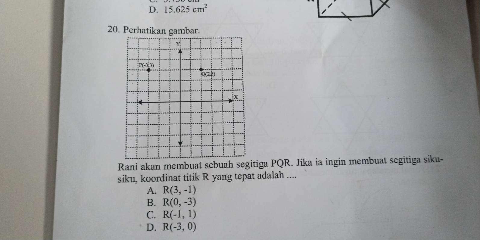 D. 15.625cm^2
20. Perhatikan gambar.
Rani akan membuat sebuah segitiga PQR. Jika ia ingin membuat segitiga siku-
siku, koordinat titik R yang tepat adalah ....
A. R(3,-1)
B. R(0,-3)
C. R(-1,1)
D. R(-3,0)