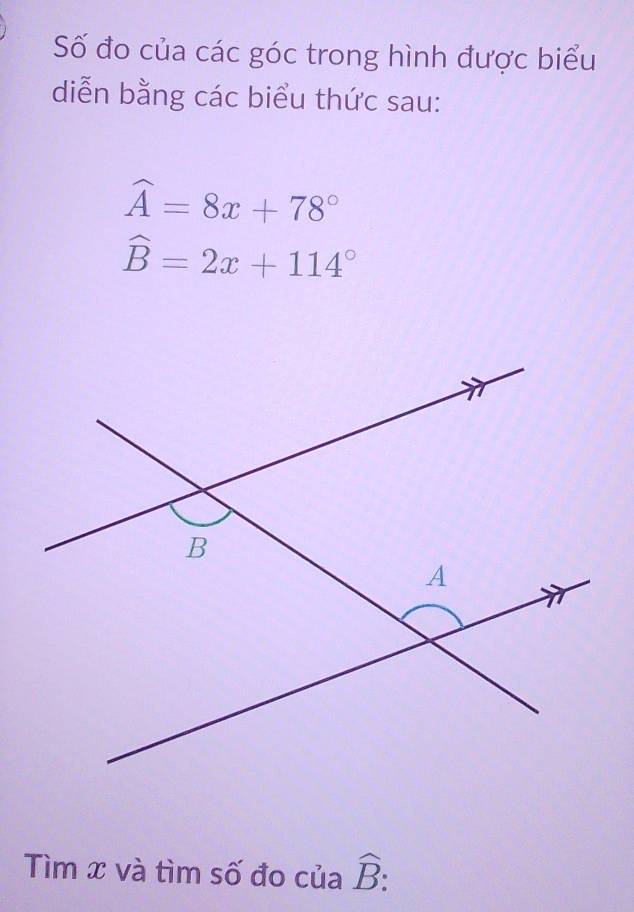 Số đo của các góc trong hình được biểu 
diễn bằng các biểu thức sau:
widehat A=8x+78°
widehat B=2x+114°
Tìm x và tìm số đo của widehat B :