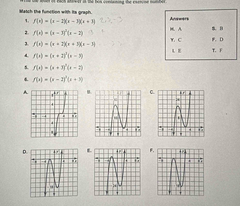 wrie the letter of each answer in the box containing the exercise number.
Match the function with its graph.
1. f(x)=(x-2)(x-3)(x+3) Answers
H.A S. B
2. f(x)=(x-3)^2(x-2)
Y. C F. D
3. f(x)=(x+2)(x+3)(x-3)
4. f(x)=(x+2)^2(x-3) I. E T. F
5. f(x)=(x+3)^2(x-2)
6. f(x)=(x-2)^2(x+3)
A B C

D E F