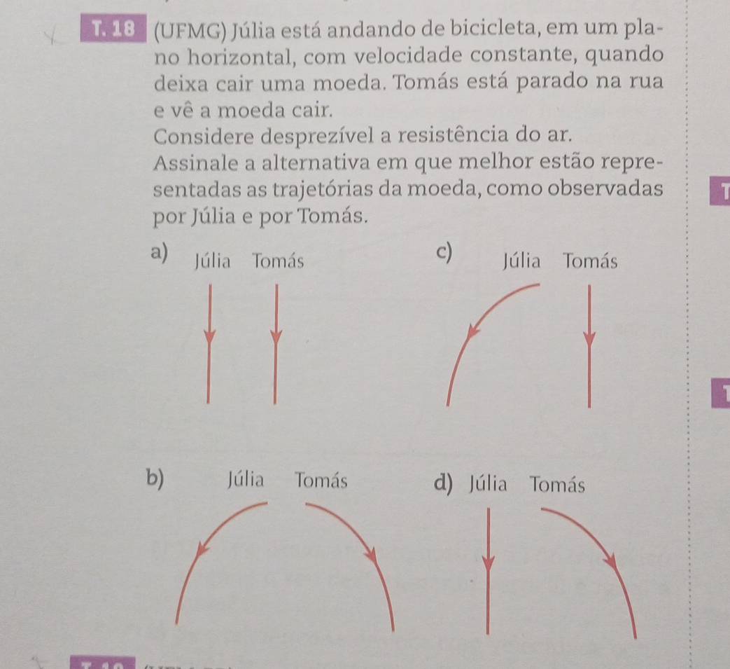 18' (UFMG) Júlia está andando de bicicleta, em um pla-
no horizontal, com velocidade constante, quando
deixa cair uma moeda. Tomás está parado na rua
e vê a moeda cair.
Considere desprezível a resistência do ar.
Assinale a alternativa em que melhor estão repre-
sentadas as trajetórias da moeda, como observadas 
por Júlia e por Tomás.
c)
a) Júlia Tomás Júlia Tomás

d) Júlia Tomás