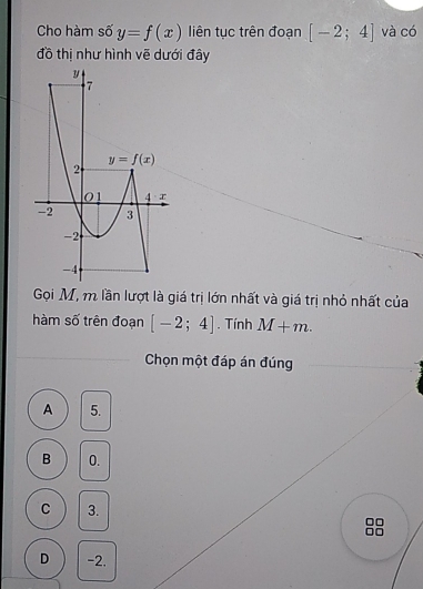 Cho hàm số y=f(x) liên tục trên đoạn [-2;4] và có
đồ thị như hình vẽ dưới đây
Gọi M, m lần lượt là giá trị lớn nhất và giá trị nhỏ nhất của
hàm số trên đoạn [-2;4]. Tính M+m.
Chọn một đáp án đúng
A 5.
B 0.
C 3. □□
□□
D -2.