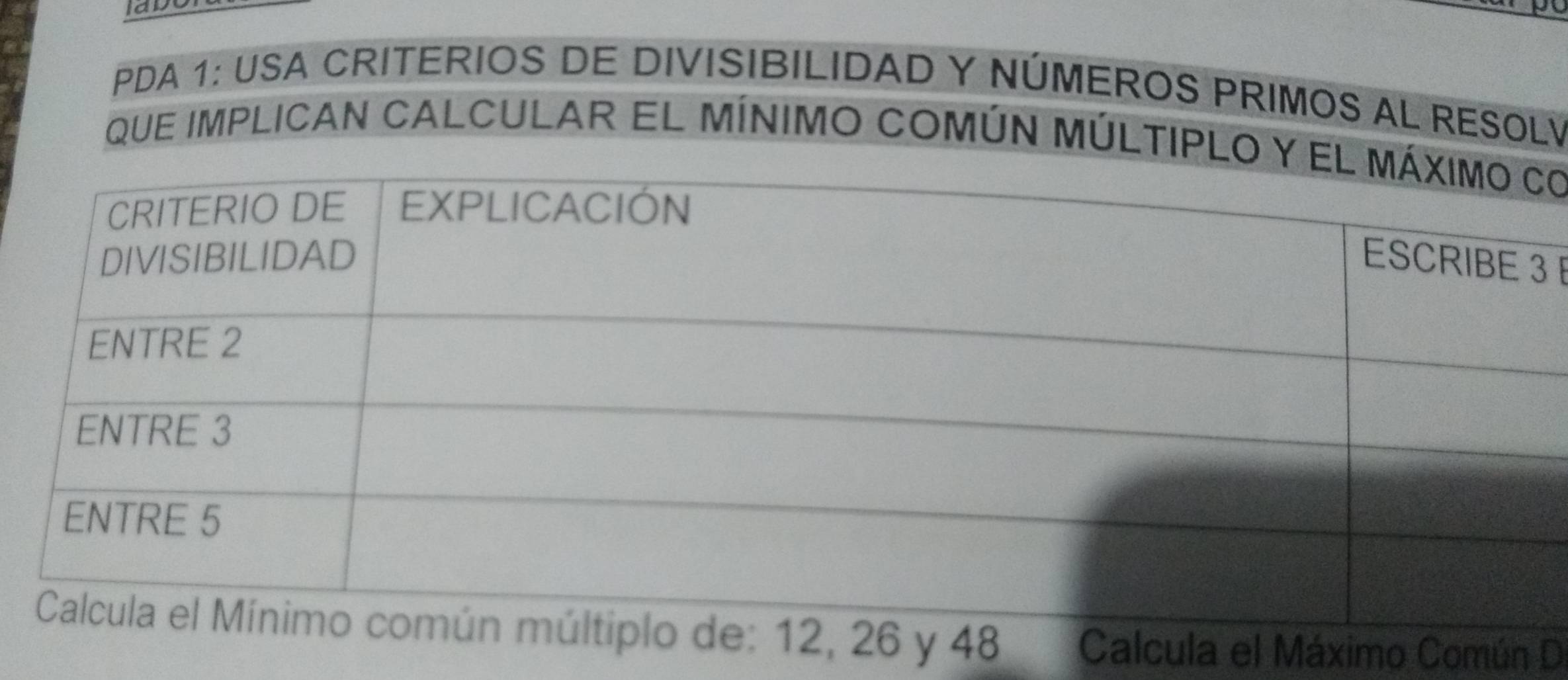 lado 
PDA 1: USA CRITERIOS DE DIVISIBILIDAD Y NÚMEROS PRIMOS AL RESOLV 
que implican caLcuLaR EL mínimo común MÚLtIPLO yo 
3 
Calcula el Máximo Común De