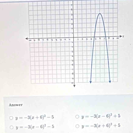 Answer
y=-3(x+6)^2-5 y=-3(x-6)^2+5
y=-3(x-6)^2-5 y=-3(x+6)^2+5