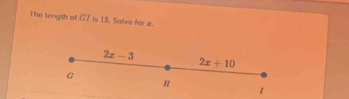 The length of overline GI is 15. Solve for z.