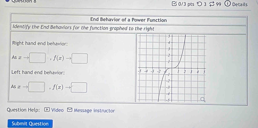 つ 3 B 99 D Details 
End Behavior of a Power Function 
Identify the End Behaviors for the function graphed to the right 
Right hand end behavior: 
As xto □ , f(x)to □
Left hand end behavior: 
As xto □ , f(x)to □
Question Help: Video Message instructor 
Submit Question