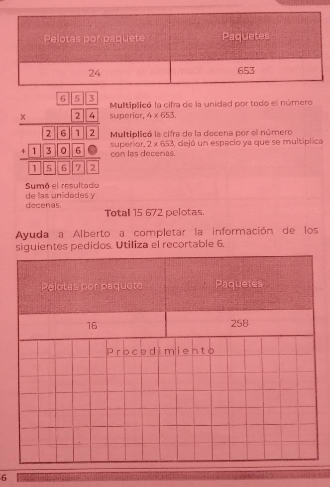 Multiplicó la cifra de la unidad por todo el número 
superior, 4* 653.
beginarrayr □ * beginarrayr □ 1□ 1 * (2)(2.16) hline 1216112 hline 11encloselongdiv 1200 hline □ 15.0060endarray superior, 2* 653 , dejó un espacio ya que se multiplica 
Multiplicó la cifra de la decena por el número 
con las decenas. 
Sumó el resultado 
de las unidades y 
decenas. 
Total 15 672 pelotas. 
Ayuda a Alberto a completar la información de los 
siguientes pedidos. Utiliza el recortable 6. 
6