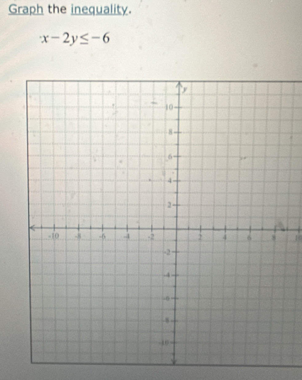 Graph the inequality.
x-2y≤ -6
10