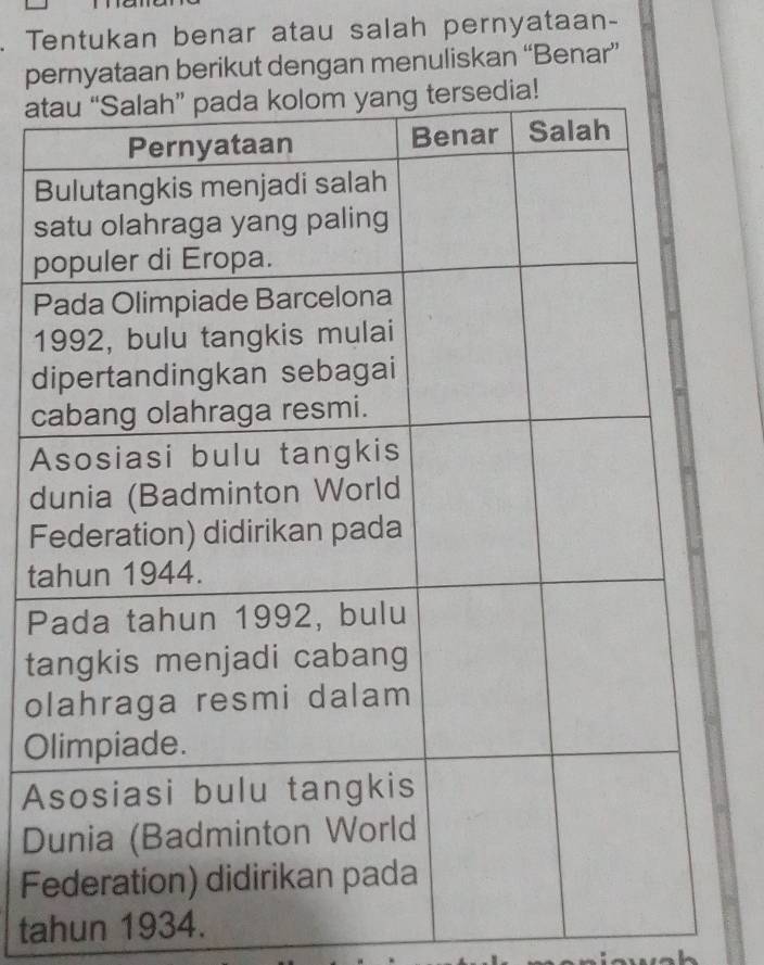 Tentukan benar atau salah pernyataan-
pernyataan berikut dengan menuliskan “Benar”
a
B
s
p
P
1
d
c
A
d
F
ta
P
t
o
O
A
D
F
tahun 1934.