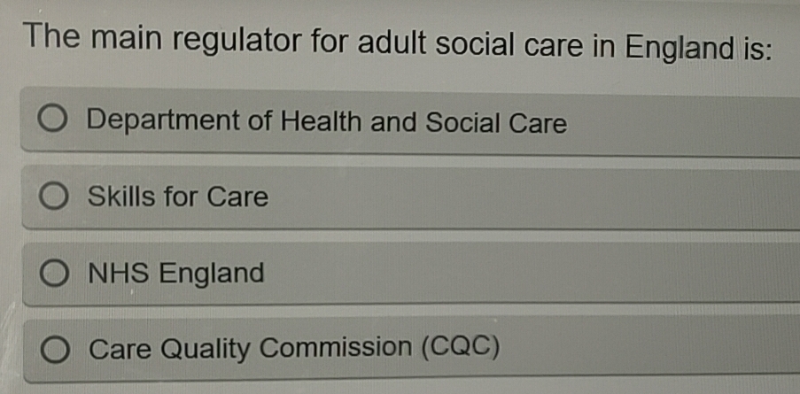 Solved: The main regulator for adult social care in England is ...