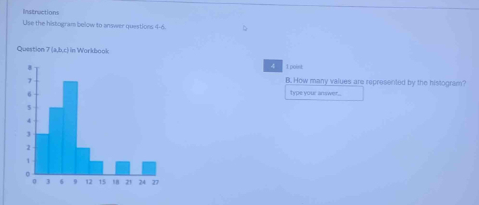 Instructions
Use the histogram below to answer questions a-b
Question
4
1 point
B. How many values are represented by the histogram?
type your answer...