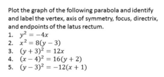 Plot the graph of the following parabola and identify 
and label the vertex, axis of symmetry, focus, directrix, 
and endpoints of the latus rectum. 
1. y^2=-4x
2. x^2=8(y-3)
3. (y+3)^2=12x
4. (x-4)^2=16(y+2)
5. (y-3)^2=-12(x+1)