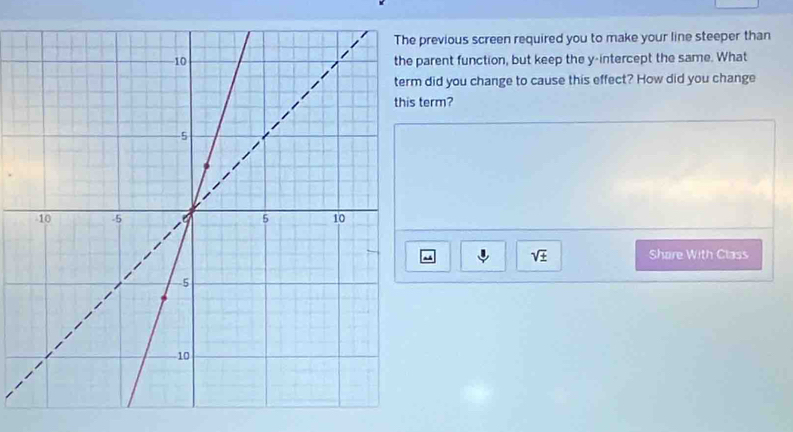 revious screen required you to make your line steeper than 
arent function, but keep the y-intercept the same. What 
did you change to cause this effect? How did you change 
erm?
sqrt(± ) Share With Class