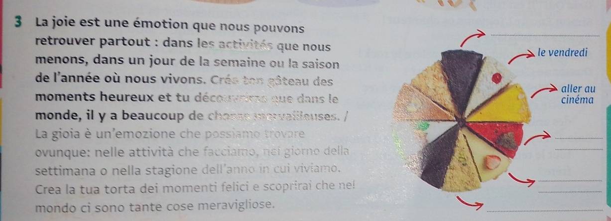 La joie est une émotion que nous pouvons 
retrouver partout : dans les activités que nous 
menons, dans un jour de la semaine ou la saison 
de l'année où nous vivons. Crée ton gâteau des 
moments heureux et tu découvriras que dans le 
monde, il y a beaucoup de chosss mervailleuses. / 
La gioia è un'emozione che possiamo trovare 
ovunque: nelle attività che facciamo, nei giorno della 
settimana o nella stagione dell’anno in cui viviamo. 
Crea la tua torta dei momenti felici e scoprirai che ne! 
mondo ci sono tante cose meravigliose.