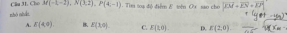 Cho M(-1;-2), N(3;2), P(4;-1). Tìm toạ độ điểm E trên Ox sao cho |vector EM+vector EN+vector EP|
nhỏ nhất.
A. E(4;0). B. E(3;0).
C. E(1;0). D. E(2;0).