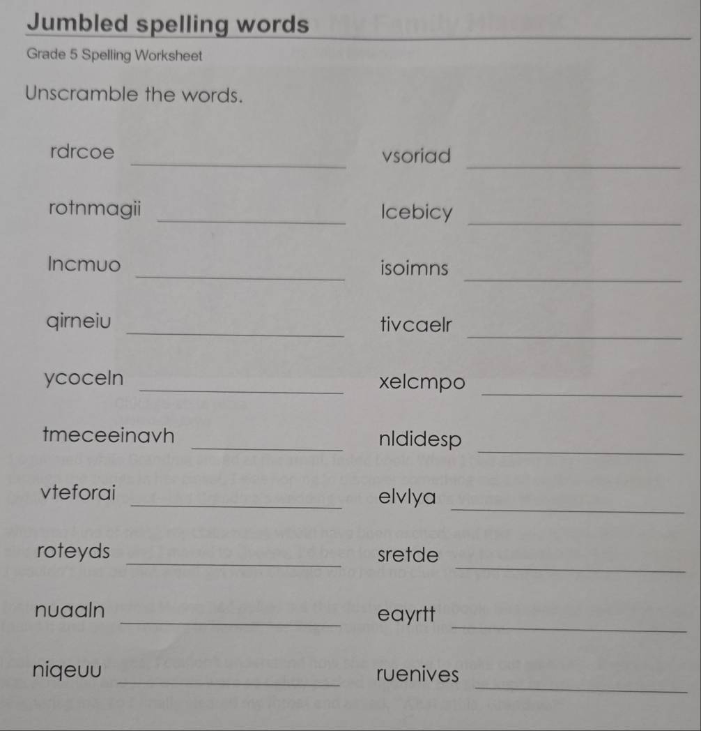 Solved: Jumbled spelling words _ Grade 5 Spelling Worksheet Unscramble ...