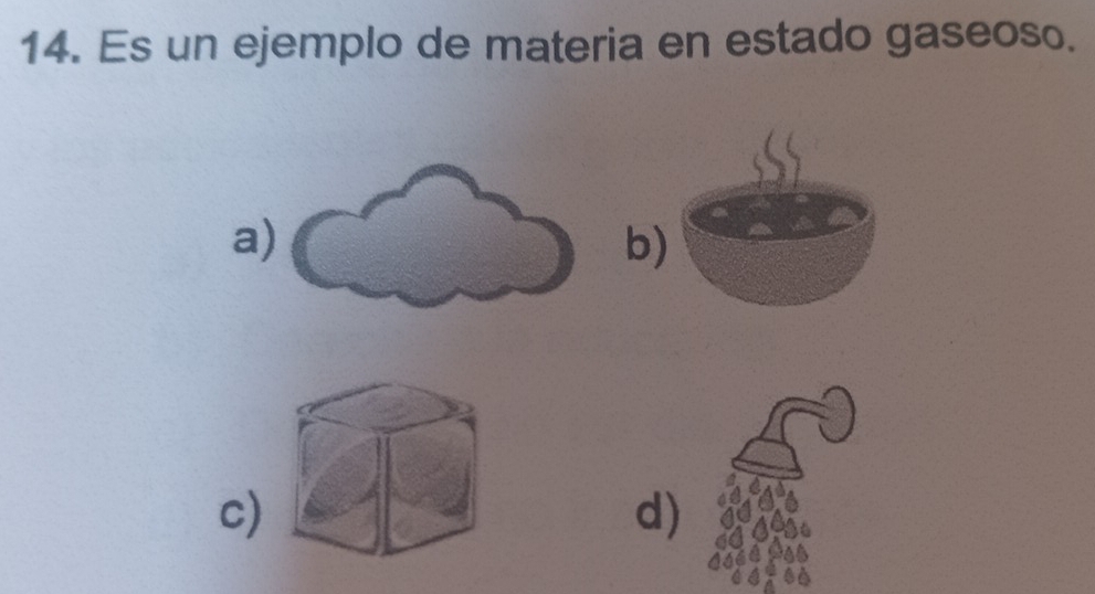 Es un ejemplo de materia en estado gaseoso. 
a 
b) 
c) 
d)