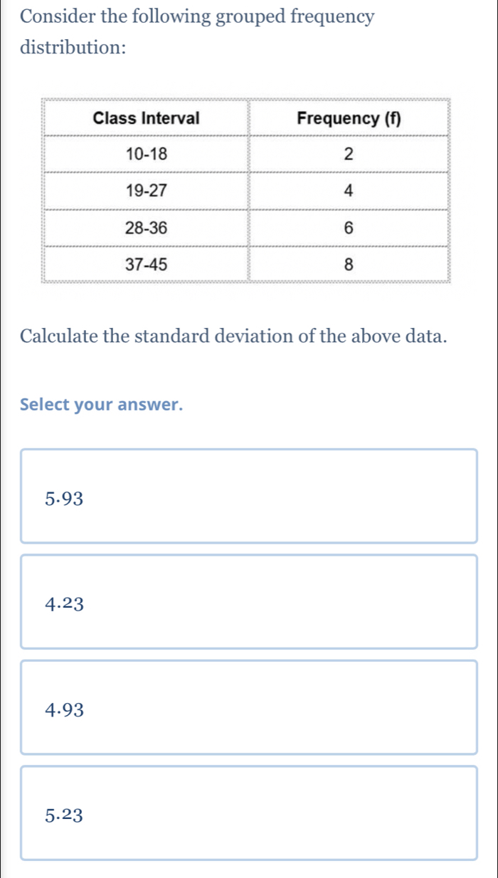 Consider the following grouped frequency
distribution:
Calculate the standard deviation of the above data.
Select your answer.
5.93
4.23
4.93
5.23