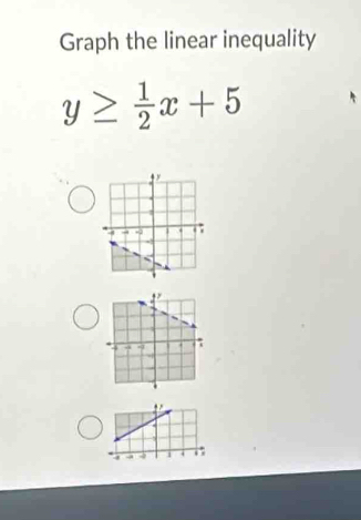 Graph the linear inequality
y≥  1/2 x+5