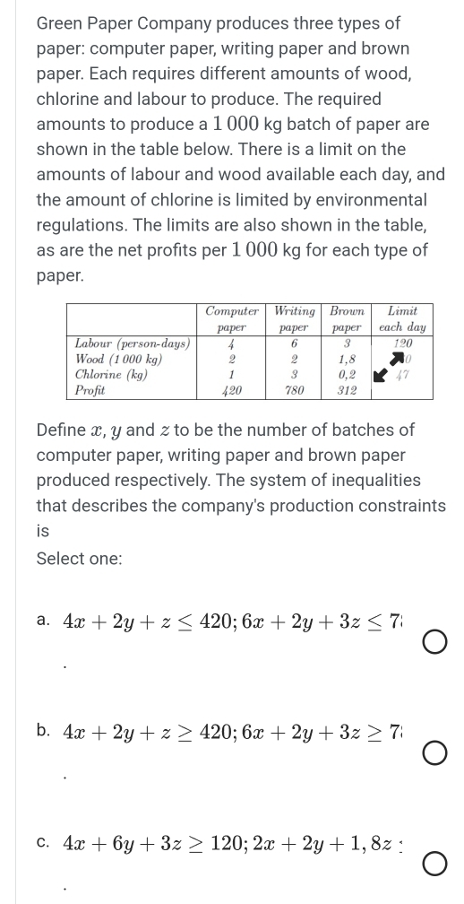 Green Paper Company produces three types of
paper: computer paper, writing paper and brown
paper. Each requires different amounts of wood,
chlorine and labour to produce. The required
amounts to produce a 1 000 kg batch of paper are
shown in the table below. There is a limit on the
amounts of labour and wood available each day, and
the amount of chlorine is limited by environmental
regulations. The limits are also shown in the table,
as are the net profits per 1 000 kg for each type of
paper.
Define x, y and z to be the number of batches of
computer paper, writing paper and brown paper
produced respectively. The system of inequalities
that describes the company's production constraints
is
Select one:
a. 4x+2y+z≤ 420; 6x+2y+3z≤ 7
b. 4x+2y+z≥ 420; 6x+2y+3z≥ 7
C. 4x+6y+3z≥ 120; 2x+2y+1, 8z `