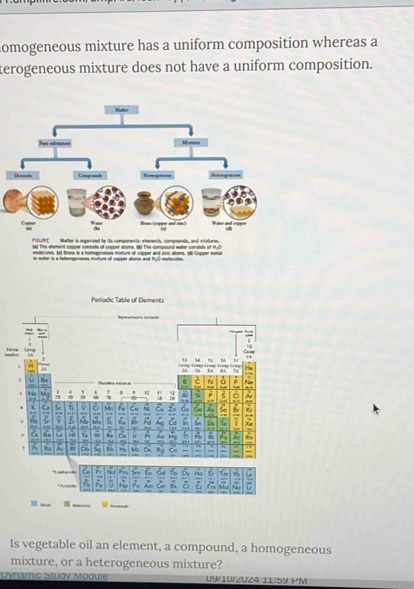 homogeneous mixture has a uniform composition whereas a 
terogeneous mixture does not have a uniform composition. 
FIQURC Mather is organized by its components: elements, compounds, and mixtures. 
(x) The element copper consists of copper atoms. (b) The compound water consists of HyO 
molecules. (x) Brass is a homogeneous mixture of copper and zinc atoms. (#) Copper metal 
in water is a heterogeneous muxture of copper atoms and HyQ molecutes. 
h 
Is vegetable oil an element, a compound, a homogeneous 
mixture, or a heterogeneous mixture? 
Dynamic Study Module 09/10/2024 11:59 PM