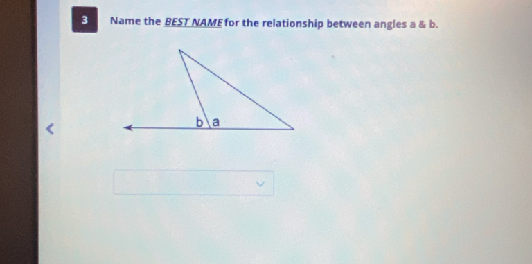 Name the BEST NAME for the relationship between angles a & b.