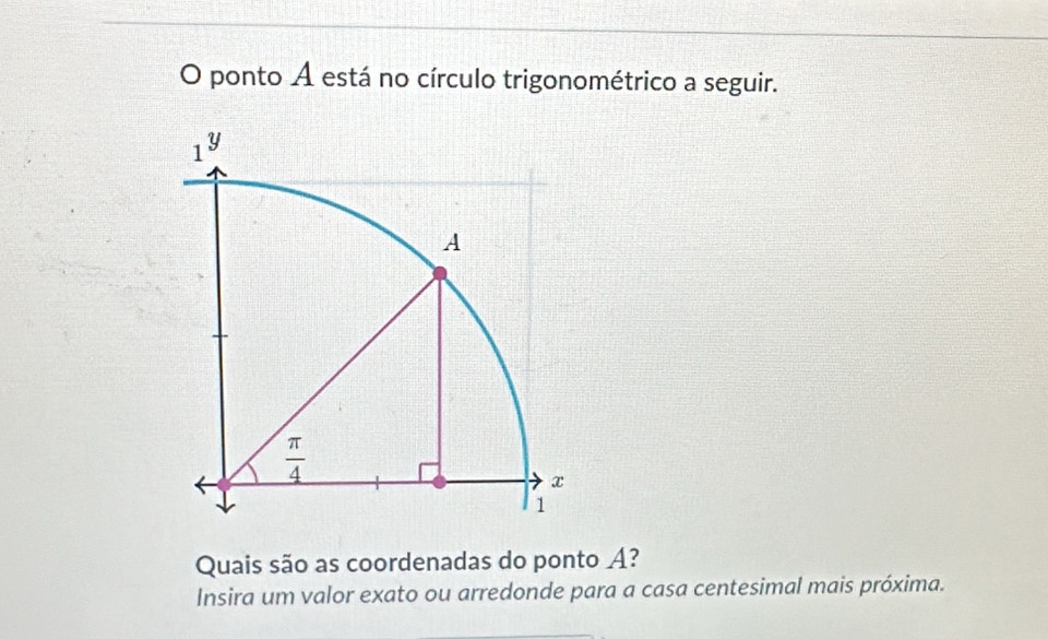 ponto A está no círculo trigonométrico a seguir.
Quais são as coordenadas do ponto A?
Insira um valor exato ou arredonde para a casa centesimal mais próxima.