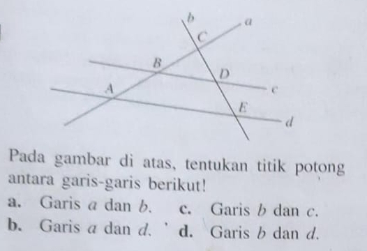 Pada gambar di atas, tentukan titik potong
antara garis-garis berikut!
a. Garis a dan b. c. Garis b dan c.
b. Garis a dan d.’d. Garis b dan d.